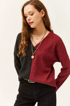 Женская бордовая черная блузка в рубчик с V-образным вырезом и цветными блоками Olalook, бордовый