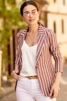 Женская бордовая льняная куртка в толстую полоску на одной пуговице armonika, бордовый