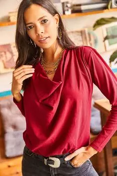 Женская бордовая повседневная трикотажная блузка с красным плечом и плиссированным воротником Olalook, бордовый