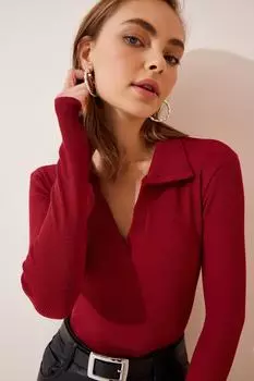 Женская бордовая трикотажная блузка с воротником-поло Happiness stanbul, бордовый