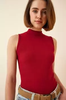 Женская бордово-красная хлопковая трикотажная блузка с водолазкой Happiness stanbul, бордовый