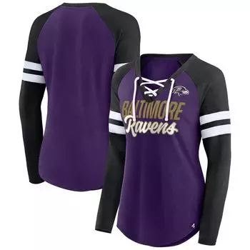 Женская брендовая фиолетовая/черная футболка Fanatics Baltimore Ravens размера плюс, верная форма, на шнуровке, с v-образным вырезом, реглан, с длинными рукавами Fanatics