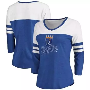 Женская брендовая футболка Fanatics Heathered Royal/White Kansas City Royals, двухцветная потертая футболка Cooperstown Collection Tri-Blend, с v-образным вырезом и рукавами 3/4 Fanatics