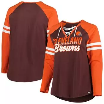 Женская брендовая коричневая/оранжевая футболка Fanatics Cleveland Browns размера плюс с v-образным вырезом и шнуровкой реглан с длинными рукавами Fanatics