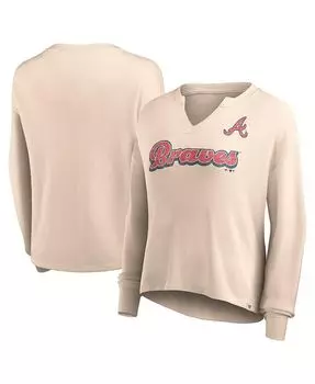Женская брендовая кремовая рваная футболка Atlanta Braves Go For It вафельной вязки с длинными рукавами и вырезом в горловине Fanatics, тан/бежевый