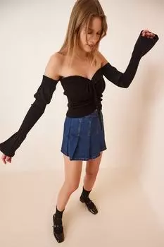 Женская черная эластичная трикотажная блузка с воротником кармен Happiness stanbul, черный