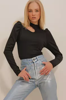 Женская черная эластичная трикотажная блузка с вырезом и детальным воротником-чокером Trend Alaat Stili, черный