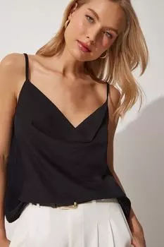 Женская черная атласная блузка с кружевным воротником и бретельками Happiness stanbul, черный