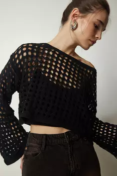 Женская черная ажурная укороченная трикотажная блузка Happiness stanbul, черный