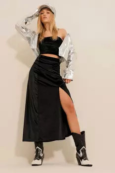 Женская черная бархатная юбка миди с разрезом Trend Alaat Stili, черный