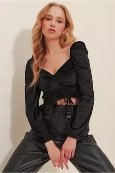 Женская черная бархатная укороченная блузка со сборками спереди и воротником-стойкой ALC-X9497 Trend Alaat Stili, черный