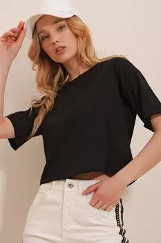 Женская черная базовая укороченная футболка оверсайз с круглым вырезом и двойными рукавами Trend Alaat Stili, черный