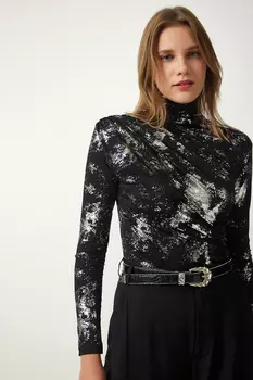 Женская черная блестящая блузка песочного цвета со сборками Happiness stanbul, черный