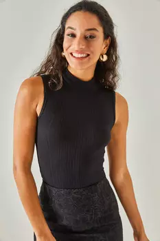 Женская черная блузка без рукавов из лайкры с высоким воротником Olalook, черный