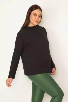 Женская черная блузка больших размеров с круглым вырезом в полоску и детальной отделкой по подолу ans, черный