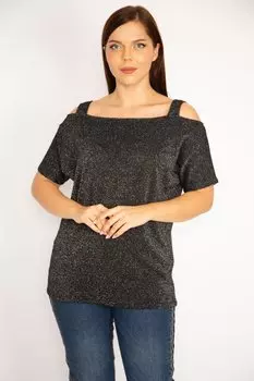 Женская черная блузка большого размера с люрексом на бретелях 65n34936 ans, черный