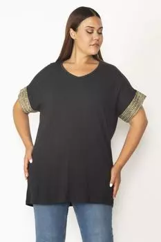 Женская черная блузка большого размера с короткими рукавами и блестками 65n27651 ans, черный