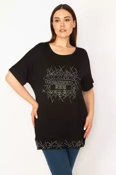Женская черная блузка большого размера с круглым вырезом и камнями ans, черный