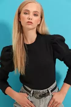 Женская черная блузка-бретелька с рукавами принцессы и полуводолазкой Trend Alaat Stili, черный