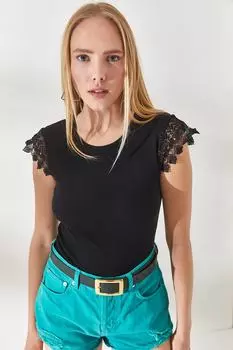 Женская черная блузка из гипюра и лайкры с рукавами Olalook, черный