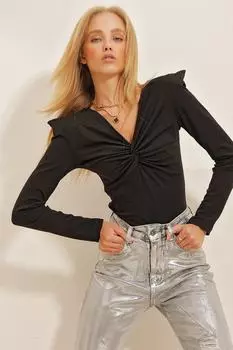 Женская черная блузка из крепа с v-образным вырезом и завязками Trend Alaat Stili, черный