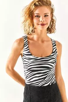 Женская черная блузка из лайкры с двухслойным квадратным воротником под зебру Olalook, черный