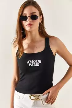 Женская черная блузка из лайкры с вышивкой Amour U-образным вырезом Olalook, черный