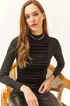 Женская черная блузка из лайкры с высоким воротником и оборками Olalook, черный