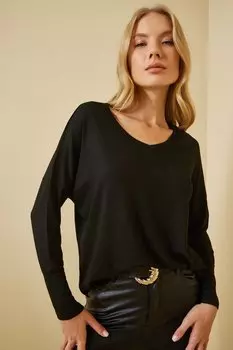 Женская черная блузка из тонкого трикотажа с v-образным вырезом Happiness stanbul, черный
