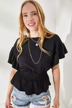 Женская черная блузка «летучая мышь» с эластичной резинкой на талии и рукавами с оборками Olalook, черный