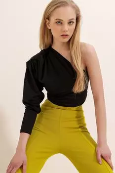 Женская черная блузка песочного цвета с подкладкой на одно плечо и драпировкой Trend Alaat Stili, черный