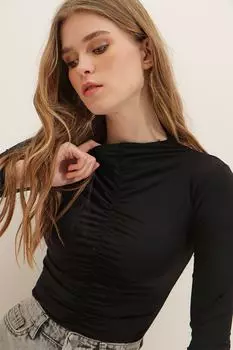 Женская черная блузка песочного цвета с высоким воротником спереди и драпировкой, с кнопками внизу ALC-X7796 Trend Alaat Stili, черный