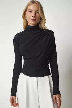 Женская черная блузка песочного цвета с высоким воротником и сборками Happiness stanbul, черный