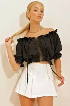 Женская черная блузка с арбузными рукавами и кружевным воротником Мадонна Trend Alaat Stili, черный
