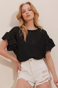 Женская черная блузка с фестоном и круглым вырезом Trend Alaat Stili, черный