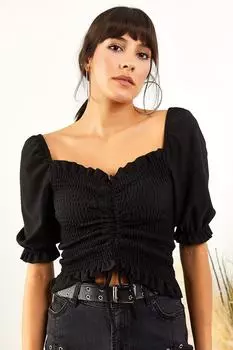 Женская черная блузка с короткими рукавами и сборкой спереди Olalook, черный