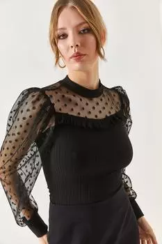 Женская черная блузка с кружевом спереди и рюшами на рукавах armonika, черный