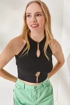 Женская черная блузка с воротником-халтером и аксессуарами из укороченного трикотажа Olalook, черный