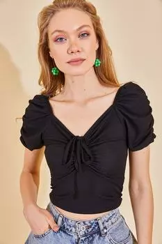 Женская черная блузка с вырезом «лодочка» при сборках XHAN, черный