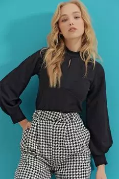 Женская черная блузка со сборками и рукавами-полуводолазкой ALC-X9379 Trend Alaat Stili, черный