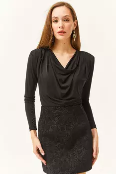 Женская черная блузка со складками и воротником-стойкой Olalook, черный