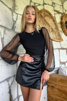 Женская черная блузка в рубчик из тюля с круглым вырезом и рукавами Trend Alaat Stili, черный