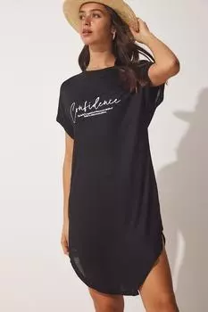 Женская черная длинная вязаная футболка оверсайз Happiness stanbul, черный