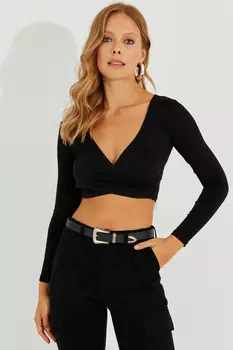 Женская черная двубортная укороченная блузка Cool & Sexy, черный