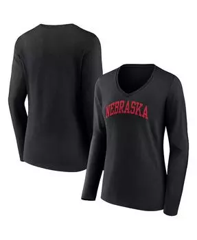 Женская черная фирменная футболка Nebraska Huskers Basic Arch с длинными рукавами и v-образным вырезом Fanatics, черный