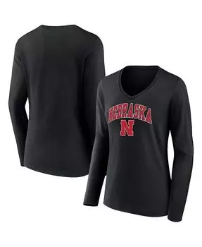 Женская черная фирменная футболка Nebraska Huskers Evergreen Campus с длинными рукавами и v-образным вырезом Fanatics, черный