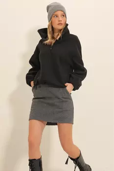 Женская черная флисовая толстовка с воротником стойкой на молнии ALC-X11316 Trend Alaat Stili, черный