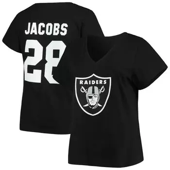 Женская черная футболка Fanatics с логотипом Josh Jacobs Las Vegas Raiders размера плюс с v-образным вырезом с именем и номером Fanatics