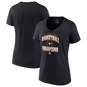 Женская черная футболка Fanatics с логотипом Texas Longhorns 2022, женская баскетбольная конференция «Чемпионы турнира Big 12» с v-образным вырезом Fanatics