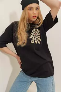 Женская черная футболка оверсайз из 100 % хлопка с круглым вырезом спереди и сзади с флоковым принтом ALC-X7978 Trend Alaat Stili, черный